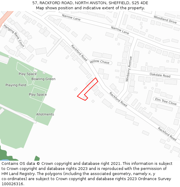 57, RACKFORD ROAD, NORTH ANSTON, SHEFFIELD, S25 4DE: Location map and indicative extent of plot