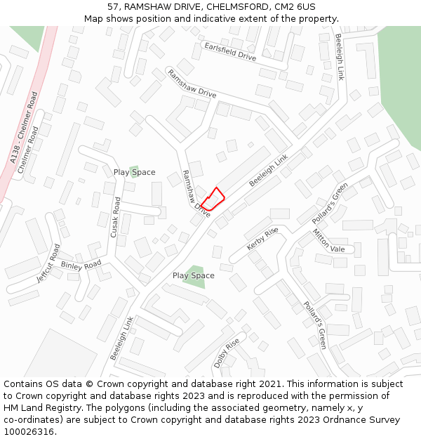 57, RAMSHAW DRIVE, CHELMSFORD, CM2 6US: Location map and indicative extent of plot