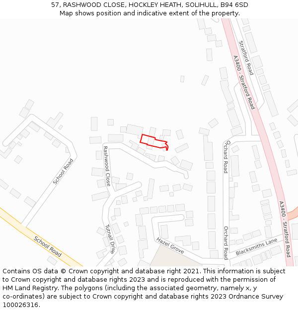 57, RASHWOOD CLOSE, HOCKLEY HEATH, SOLIHULL, B94 6SD: Location map and indicative extent of plot