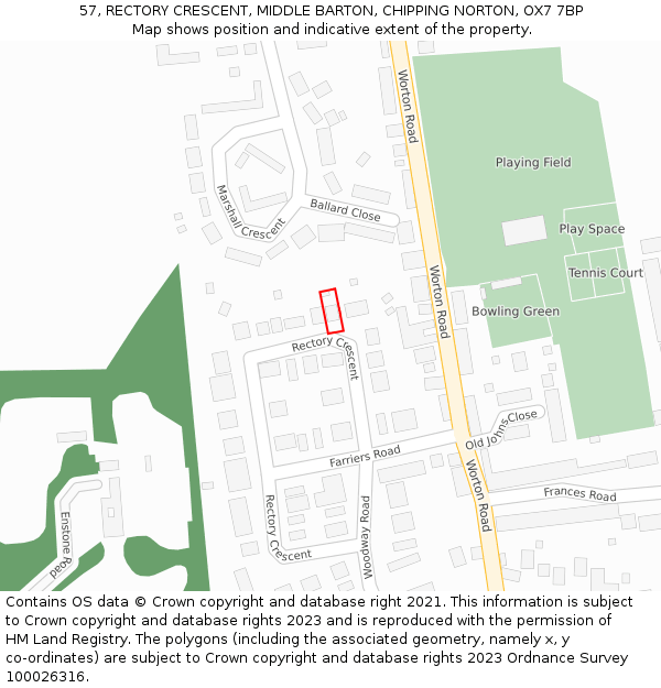 57, RECTORY CRESCENT, MIDDLE BARTON, CHIPPING NORTON, OX7 7BP: Location map and indicative extent of plot