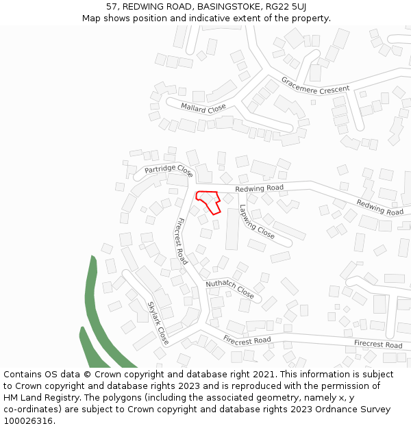 57, REDWING ROAD, BASINGSTOKE, RG22 5UJ: Location map and indicative extent of plot