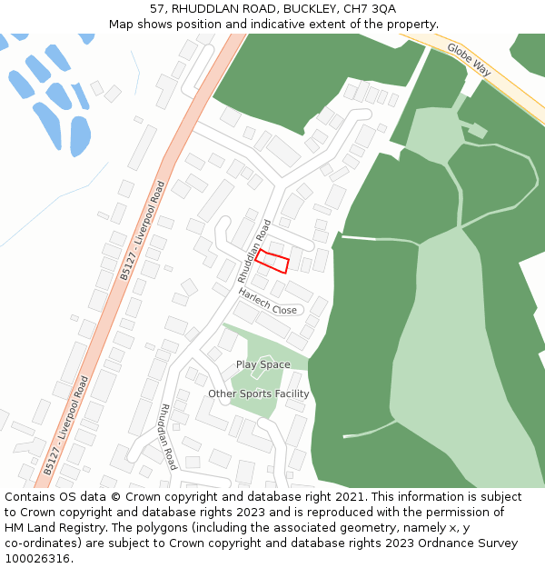 57, RHUDDLAN ROAD, BUCKLEY, CH7 3QA: Location map and indicative extent of plot