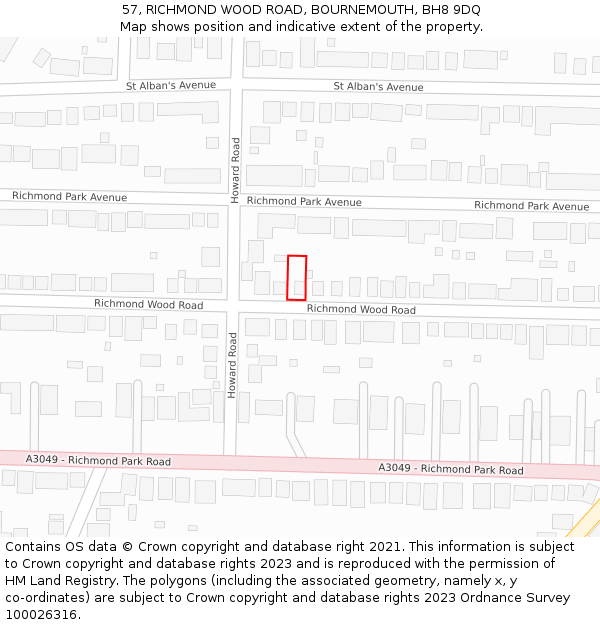 57, RICHMOND WOOD ROAD, BOURNEMOUTH, BH8 9DQ: Location map and indicative extent of plot
