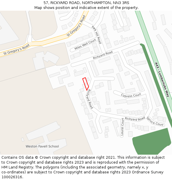 57, RICKYARD ROAD, NORTHAMPTON, NN3 3RS: Location map and indicative extent of plot