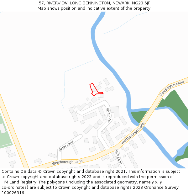 57, RIVERVIEW, LONG BENNINGTON, NEWARK, NG23 5JF: Location map and indicative extent of plot