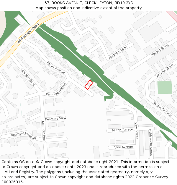 57, ROOKS AVENUE, CLECKHEATON, BD19 3YD: Location map and indicative extent of plot