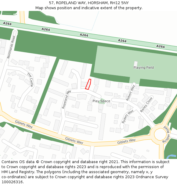 57, ROPELAND WAY, HORSHAM, RH12 5NY: Location map and indicative extent of plot