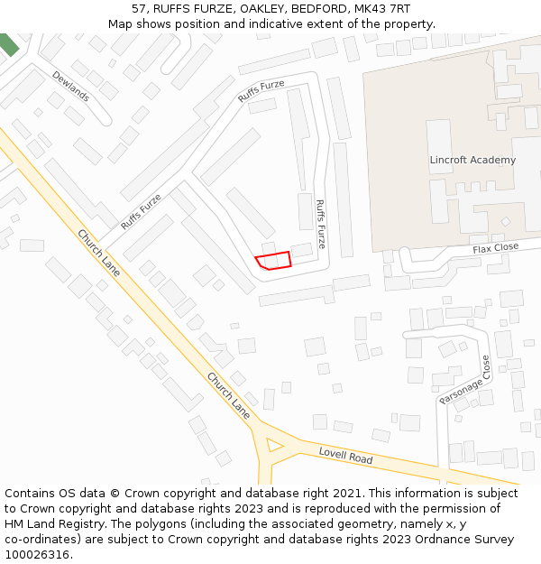 57, RUFFS FURZE, OAKLEY, BEDFORD, MK43 7RT: Location map and indicative extent of plot