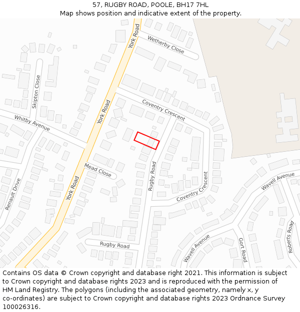 57, RUGBY ROAD, POOLE, BH17 7HL: Location map and indicative extent of plot
