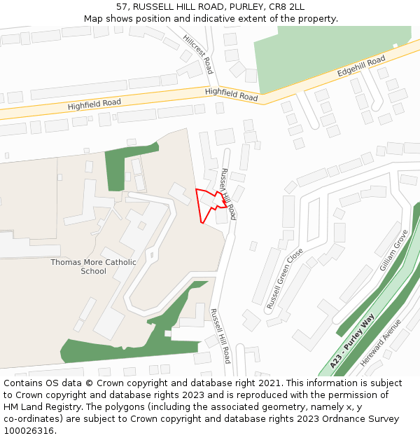 57, RUSSELL HILL ROAD, PURLEY, CR8 2LL: Location map and indicative extent of plot