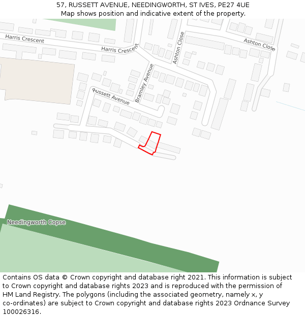 57, RUSSETT AVENUE, NEEDINGWORTH, ST IVES, PE27 4UE: Location map and indicative extent of plot