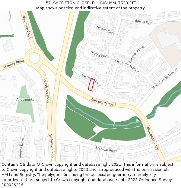 57, SACRISTON CLOSE, BILLINGHAM, TS23 2TE: Location map and indicative extent of plot