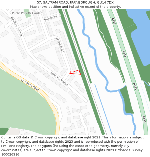 57, SALTRAM ROAD, FARNBOROUGH, GU14 7DX: Location map and indicative extent of plot