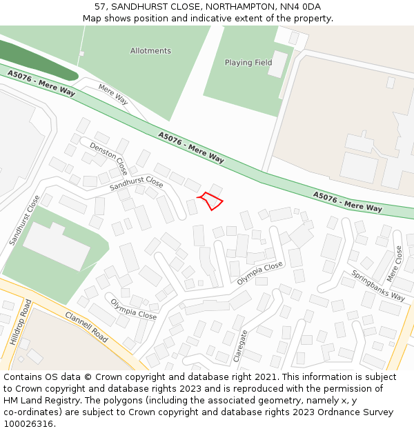 57, SANDHURST CLOSE, NORTHAMPTON, NN4 0DA: Location map and indicative extent of plot