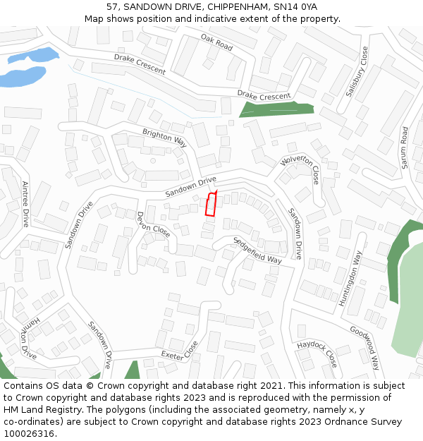 57, SANDOWN DRIVE, CHIPPENHAM, SN14 0YA: Location map and indicative extent of plot