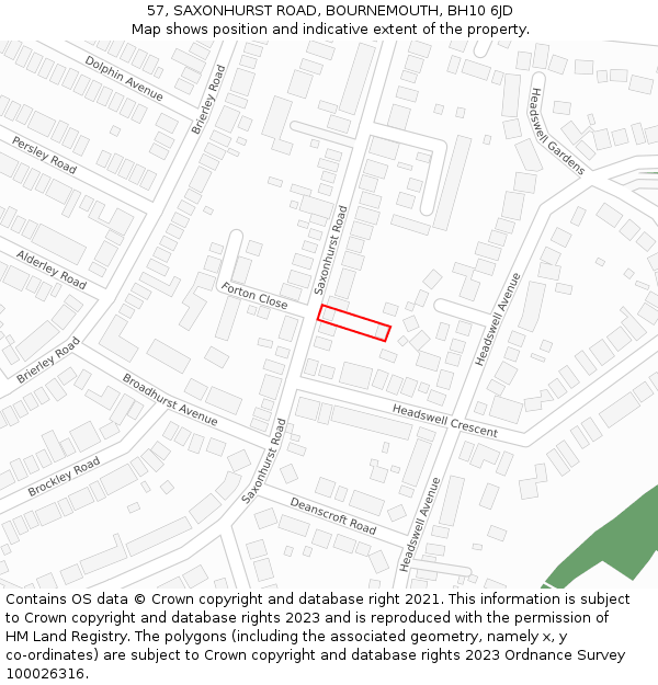 57, SAXONHURST ROAD, BOURNEMOUTH, BH10 6JD: Location map and indicative extent of plot