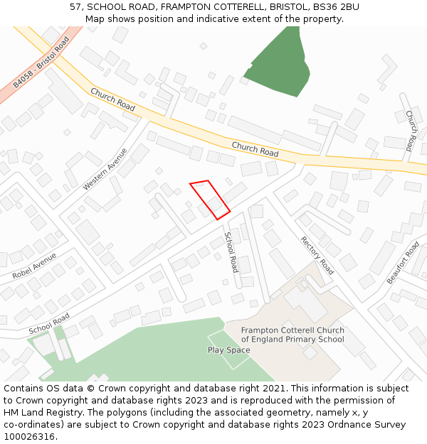 57, SCHOOL ROAD, FRAMPTON COTTERELL, BRISTOL, BS36 2BU: Location map and indicative extent of plot