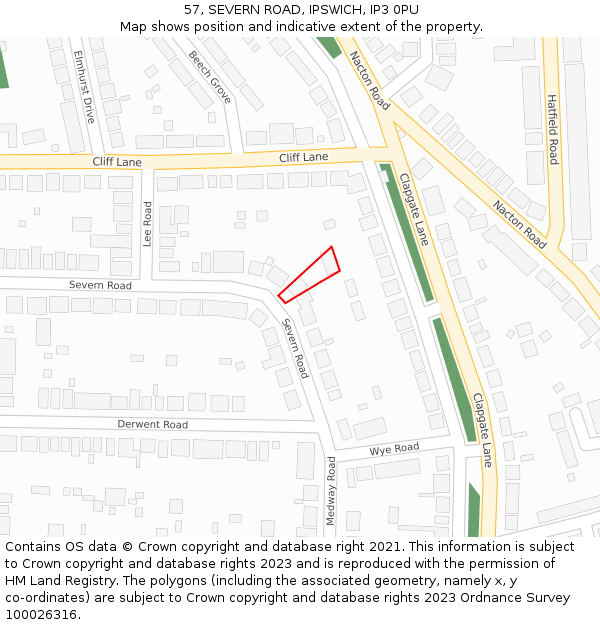 57, SEVERN ROAD, IPSWICH, IP3 0PU: Location map and indicative extent of plot