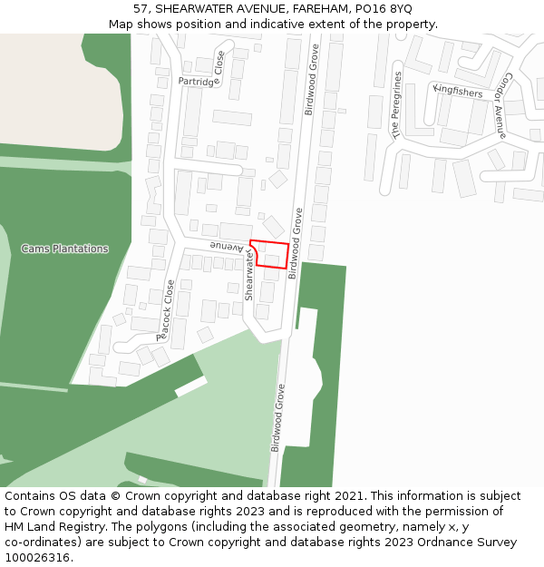 57, SHEARWATER AVENUE, FAREHAM, PO16 8YQ: Location map and indicative extent of plot