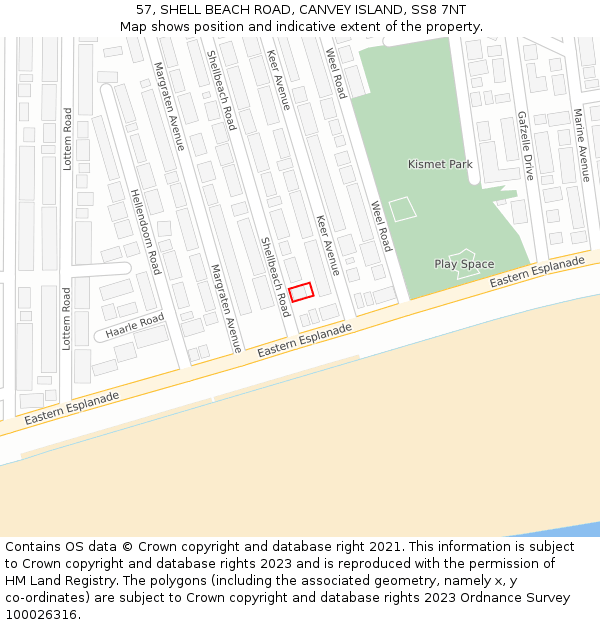 57, SHELL BEACH ROAD, CANVEY ISLAND, SS8 7NT: Location map and indicative extent of plot