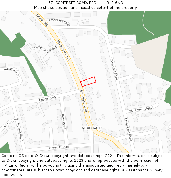 57, SOMERSET ROAD, REDHILL, RH1 6ND: Location map and indicative extent of plot