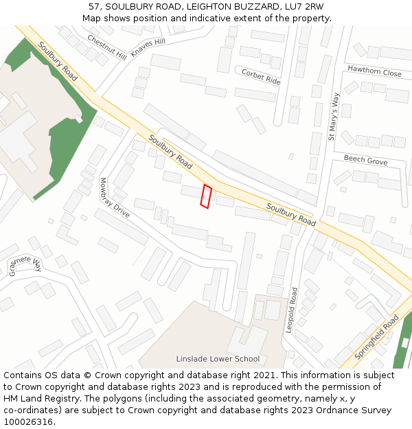 57, SOULBURY ROAD, LEIGHTON BUZZARD, LU7 2RW: Location map and indicative extent of plot