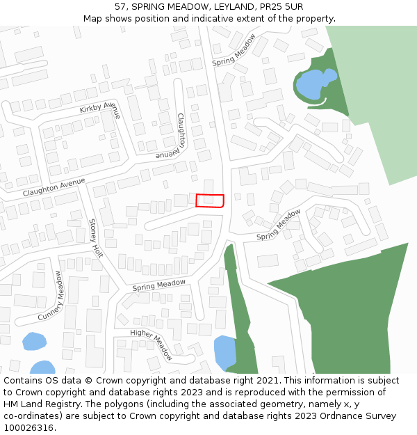 57, SPRING MEADOW, LEYLAND, PR25 5UR: Location map and indicative extent of plot