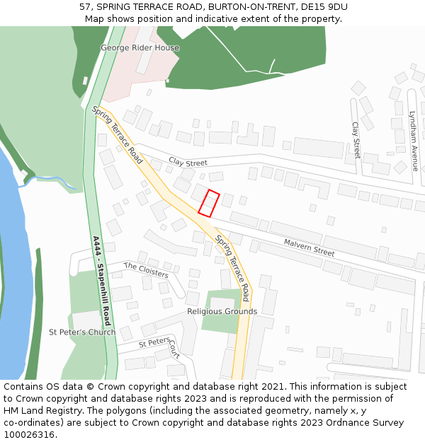 57, SPRING TERRACE ROAD, BURTON-ON-TRENT, DE15 9DU: Location map and indicative extent of plot