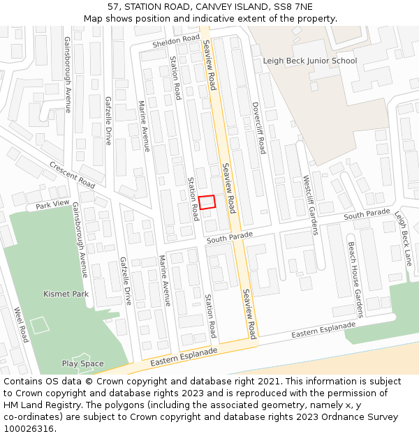 57, STATION ROAD, CANVEY ISLAND, SS8 7NE: Location map and indicative extent of plot