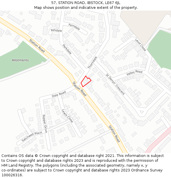 57, STATION ROAD, IBSTOCK, LE67 6JL: Location map and indicative extent of plot