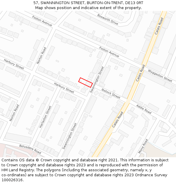 57, SWANNINGTON STREET, BURTON-ON-TRENT, DE13 0RT: Location map and indicative extent of plot
