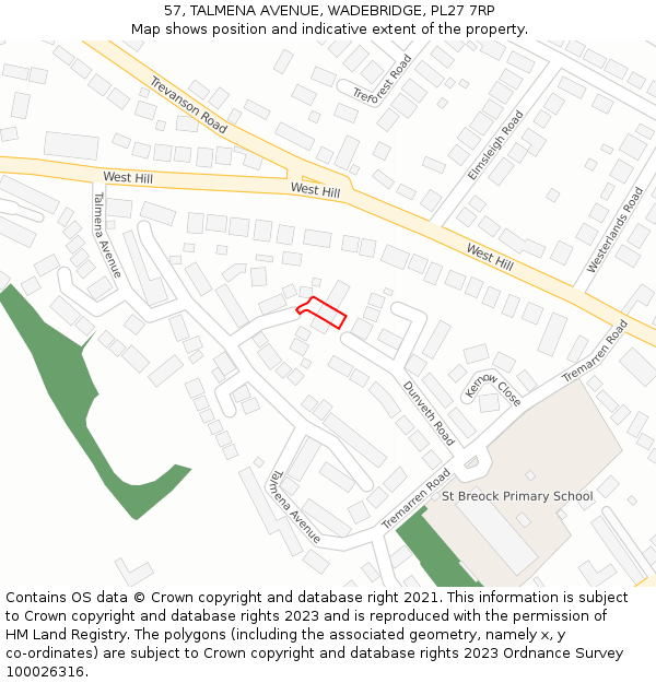 57, TALMENA AVENUE, WADEBRIDGE, PL27 7RP: Location map and indicative extent of plot