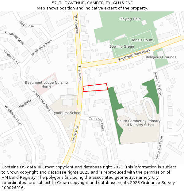 57, THE AVENUE, CAMBERLEY, GU15 3NF: Location map and indicative extent of plot