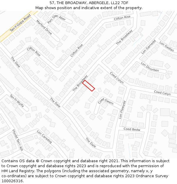 57, THE BROADWAY, ABERGELE, LL22 7DF: Location map and indicative extent of plot