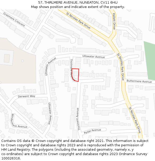 57, THIRLMERE AVENUE, NUNEATON, CV11 6HU: Location map and indicative extent of plot