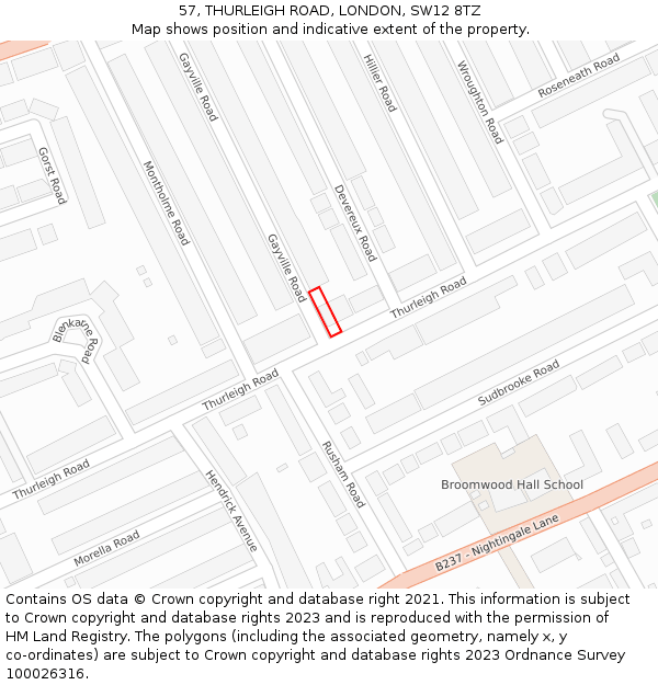 57, THURLEIGH ROAD, LONDON, SW12 8TZ: Location map and indicative extent of plot