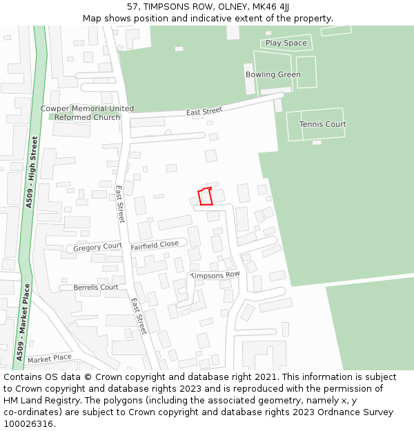 57, TIMPSONS ROW, OLNEY, MK46 4JJ: Location map and indicative extent of plot