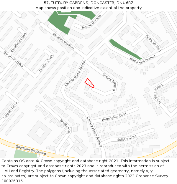 57, TUTBURY GARDENS, DONCASTER, DN4 6RZ: Location map and indicative extent of plot