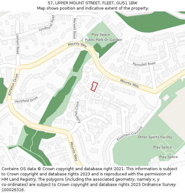 57, UPPER MOUNT STREET, FLEET, GU51 1BW: Location map and indicative extent of plot