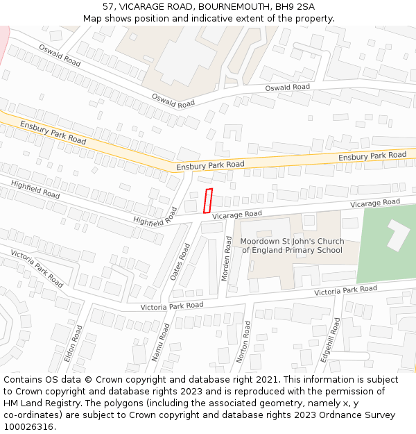 57, VICARAGE ROAD, BOURNEMOUTH, BH9 2SA: Location map and indicative extent of plot