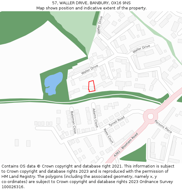 57, WALLER DRIVE, BANBURY, OX16 9NS: Location map and indicative extent of plot