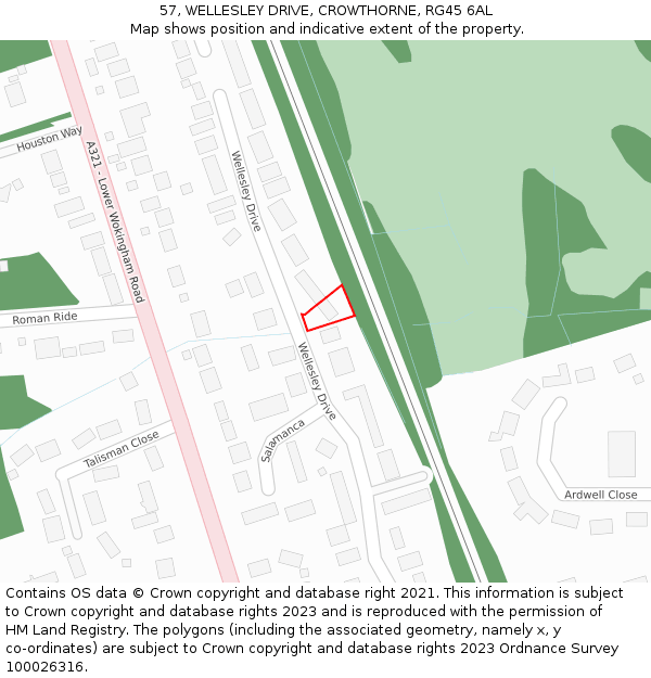 57, WELLESLEY DRIVE, CROWTHORNE, RG45 6AL: Location map and indicative extent of plot