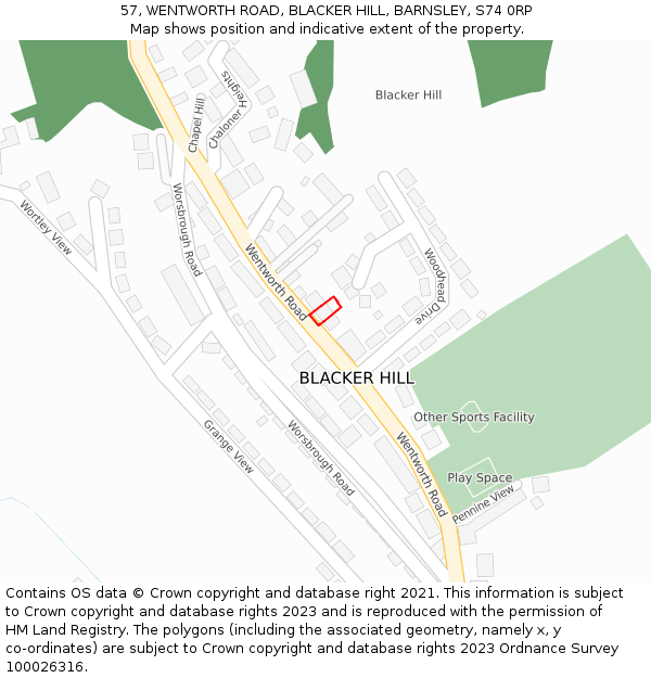 57, WENTWORTH ROAD, BLACKER HILL, BARNSLEY, S74 0RP: Location map and indicative extent of plot