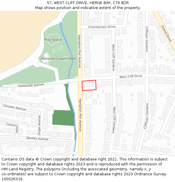 57, WEST CLIFF DRIVE, HERNE BAY, CT6 8DR: Location map and indicative extent of plot