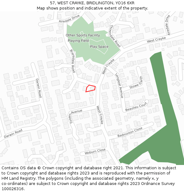 57, WEST CRAYKE, BRIDLINGTON, YO16 6XR: Location map and indicative extent of plot
