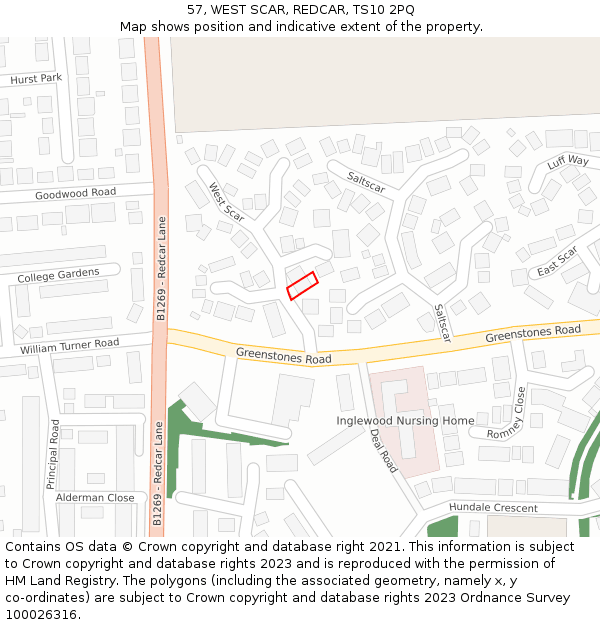 57, WEST SCAR, REDCAR, TS10 2PQ: Location map and indicative extent of plot