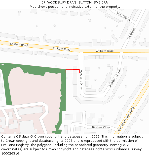 57, WOODBURY DRIVE, SUTTON, SM2 5RA: Location map and indicative extent of plot