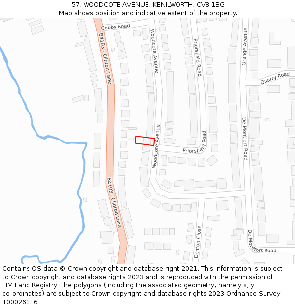 57, WOODCOTE AVENUE, KENILWORTH, CV8 1BG: Location map and indicative extent of plot