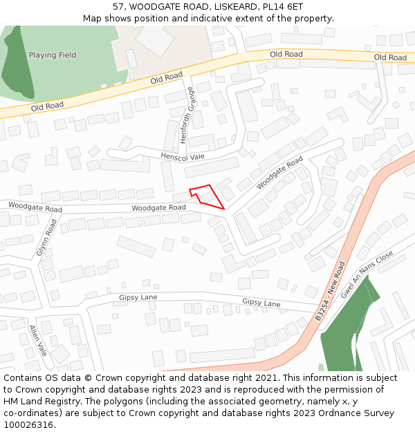 57, WOODGATE ROAD, LISKEARD, PL14 6ET: Location map and indicative extent of plot