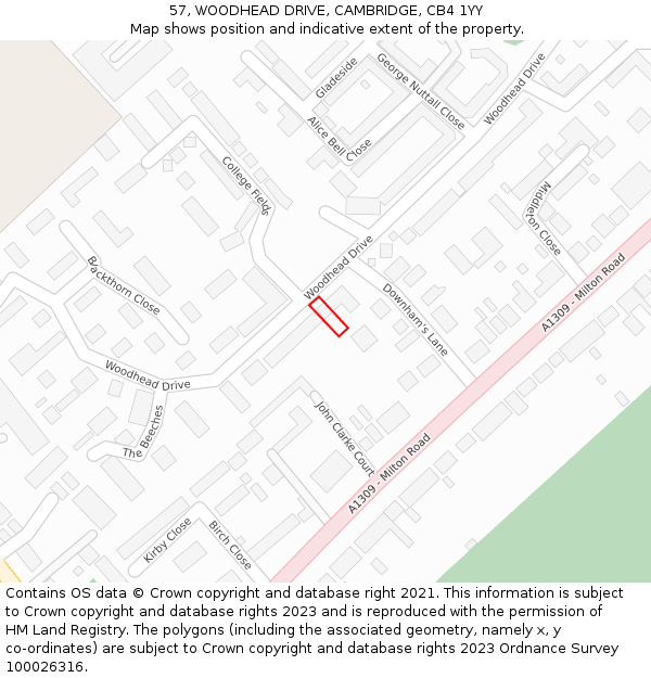 57, WOODHEAD DRIVE, CAMBRIDGE, CB4 1YY: Location map and indicative extent of plot